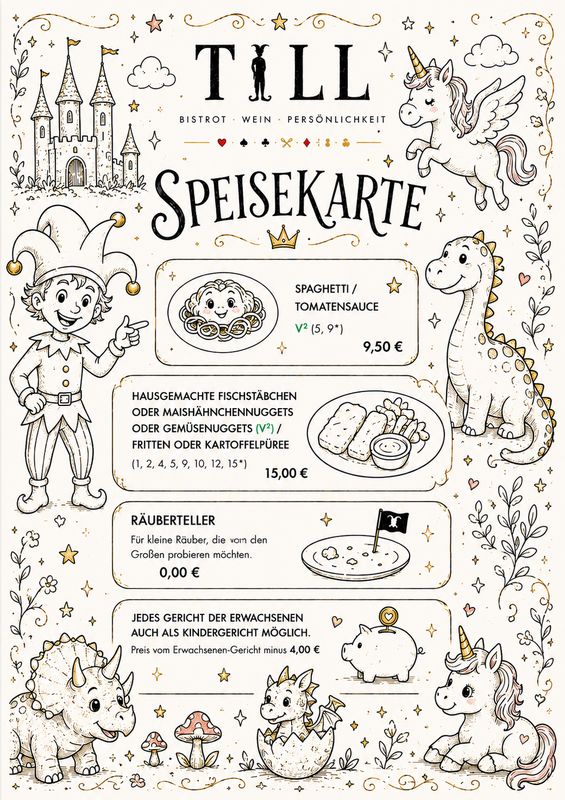 Illustrierte TILL-Speisekarte mit gezeichneten Motiven